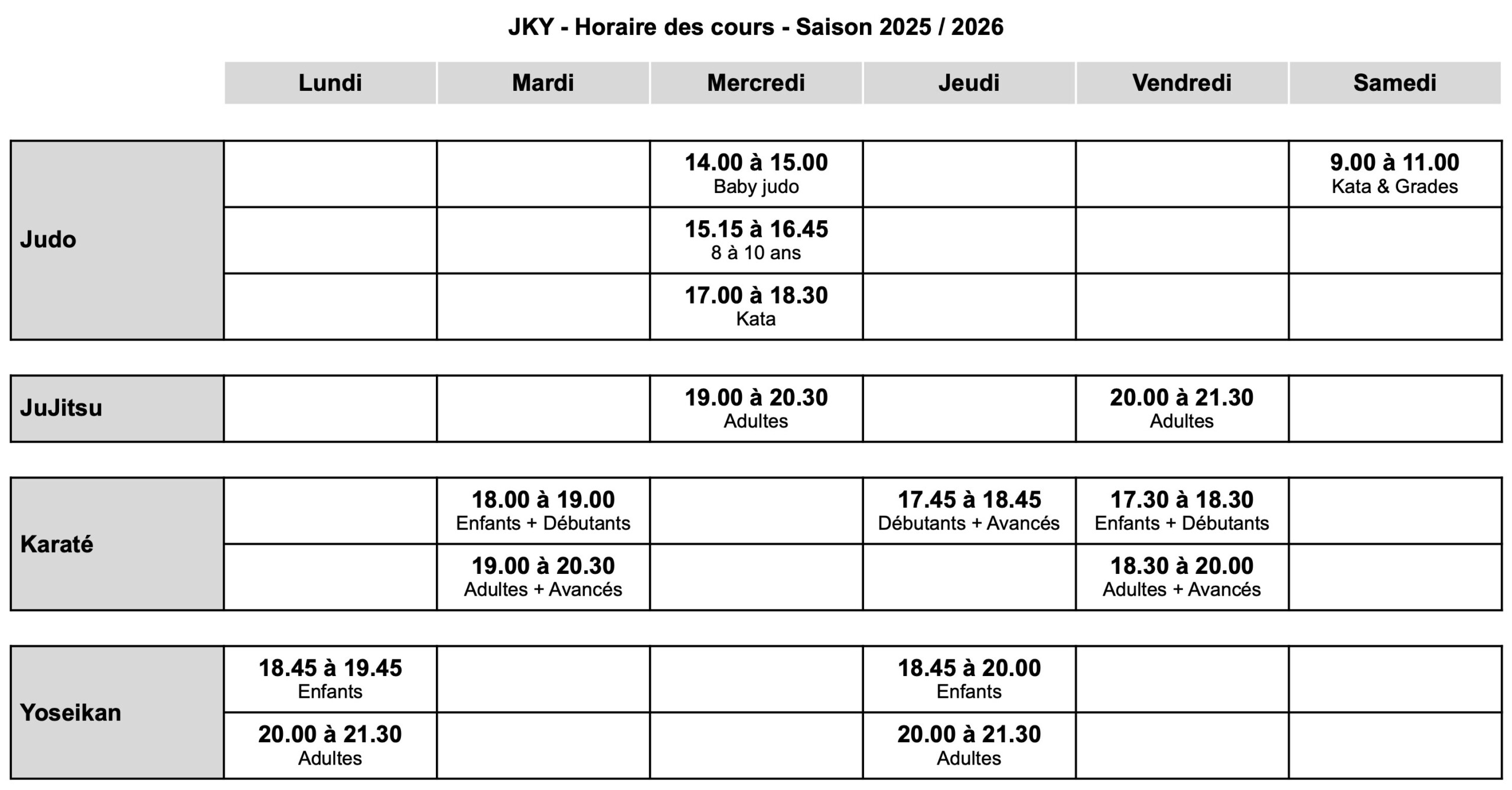 JKY - Horaire - Saison 2025 2026